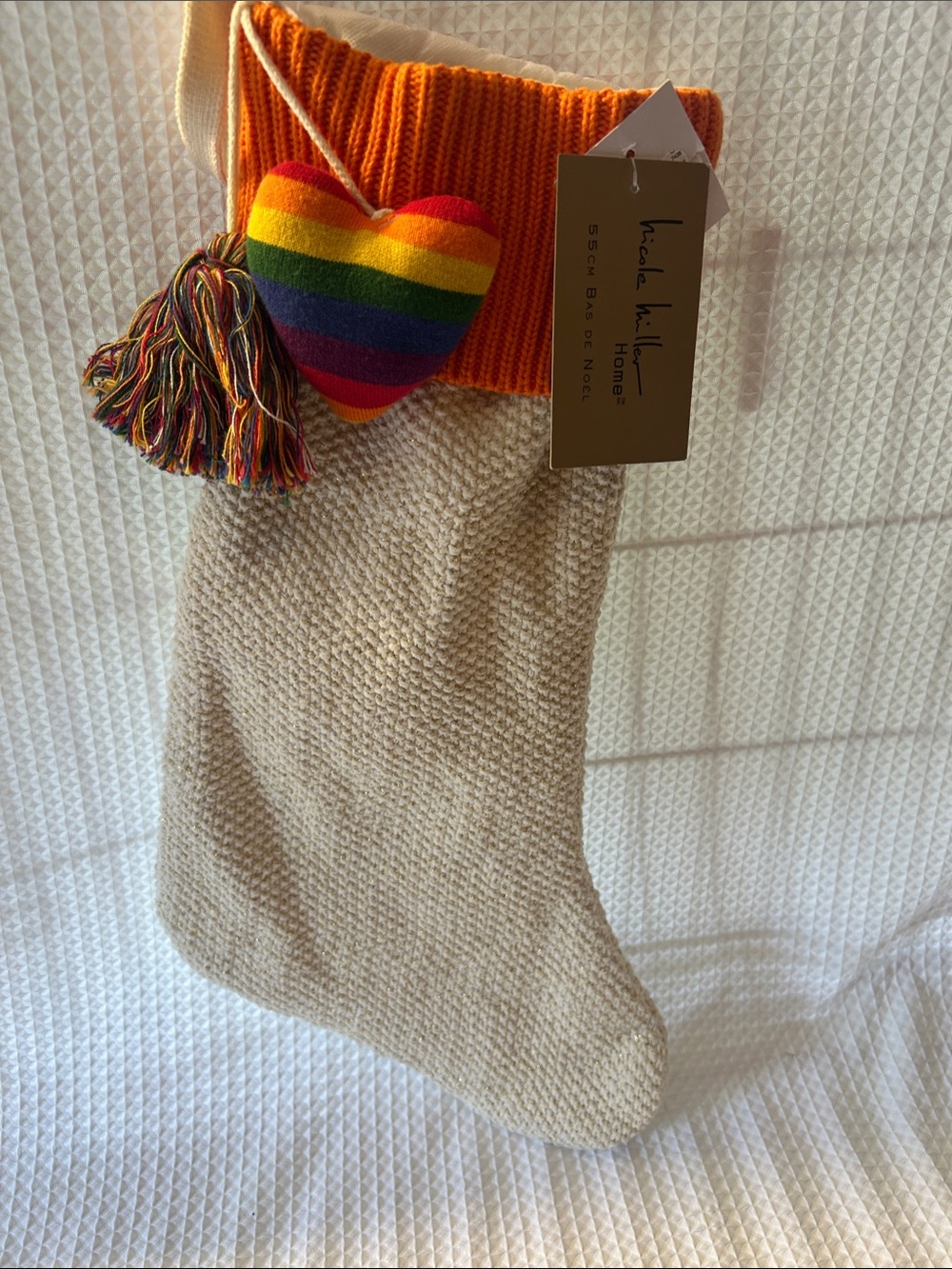 Nicole Miller Home Orange Cuff Cream Knit Stocking with Rainbow Pride Heart